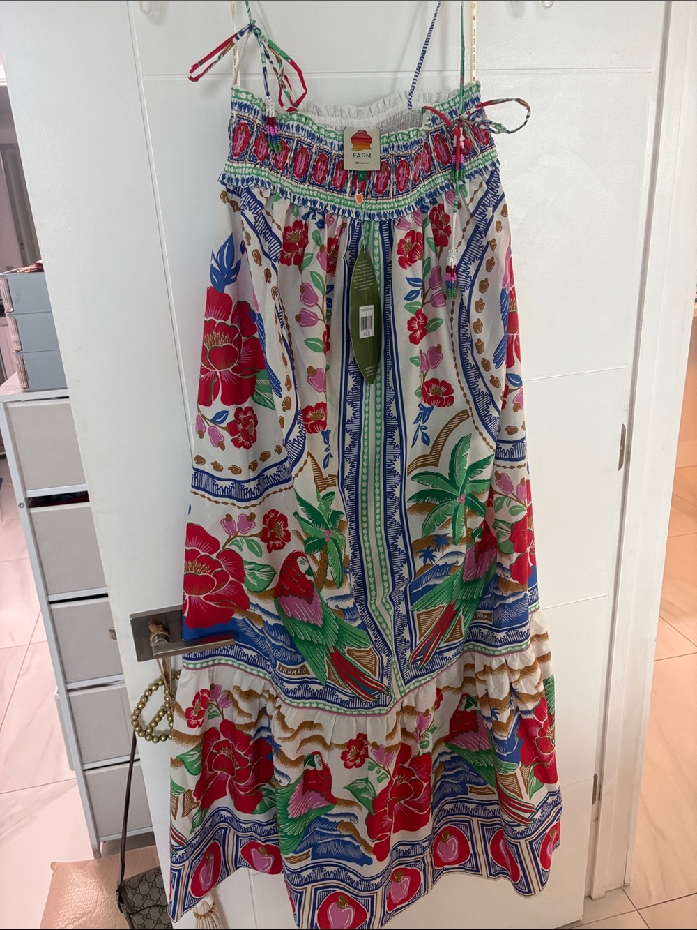 FARM Rio Cream Multicolor Tropical Parrot & Floral Tiered Maxi Dress